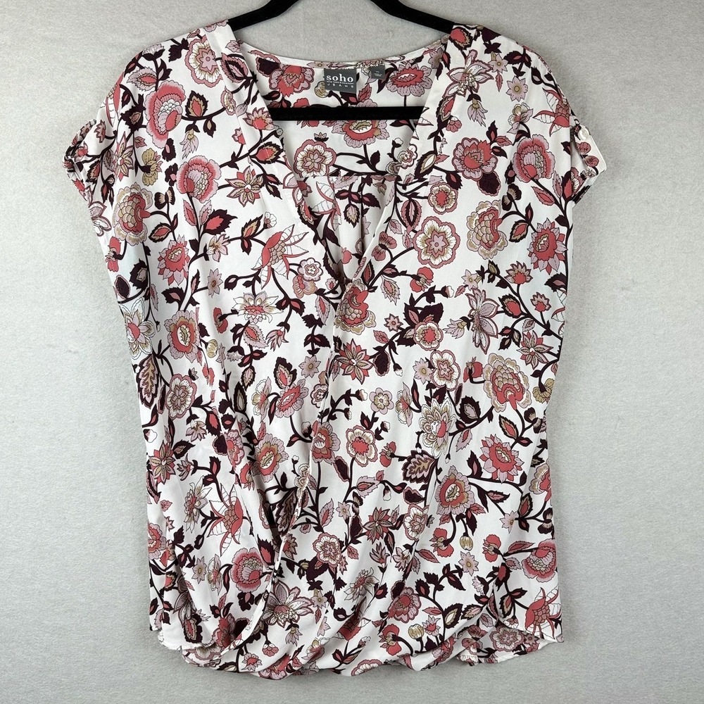 Soho New York & Company Women XL Pink Brown‎ Paisley Faux Wrap Surplice Blouse